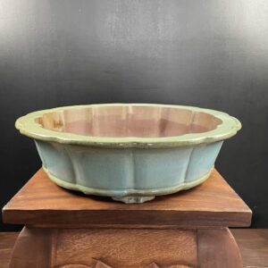 Vaso per bonsai rotondo (a forma fior di loto) in gres smaltato azzurro-verde
